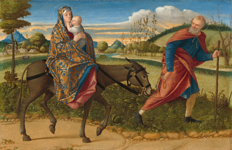 A classical religious painting depicting the Holy Family on a donkey, with Mary in a patterned blue and gold cloak holding baby Jesus, and Joseph walking beside them with a staff in a pastoral landscape.