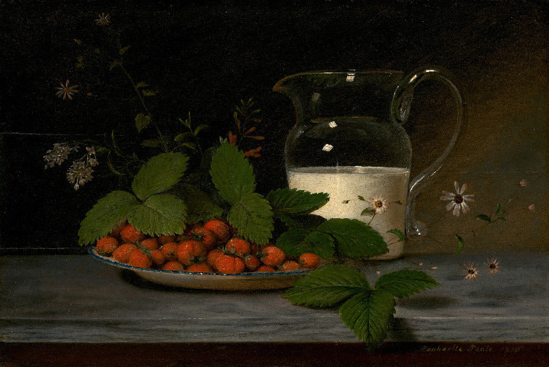 Still life with a pitcher and bowl of strawberries on a dark background