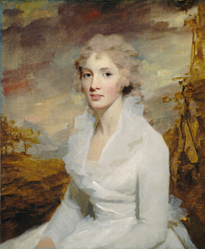 Portrait of a woman in a white dress with a scenic background