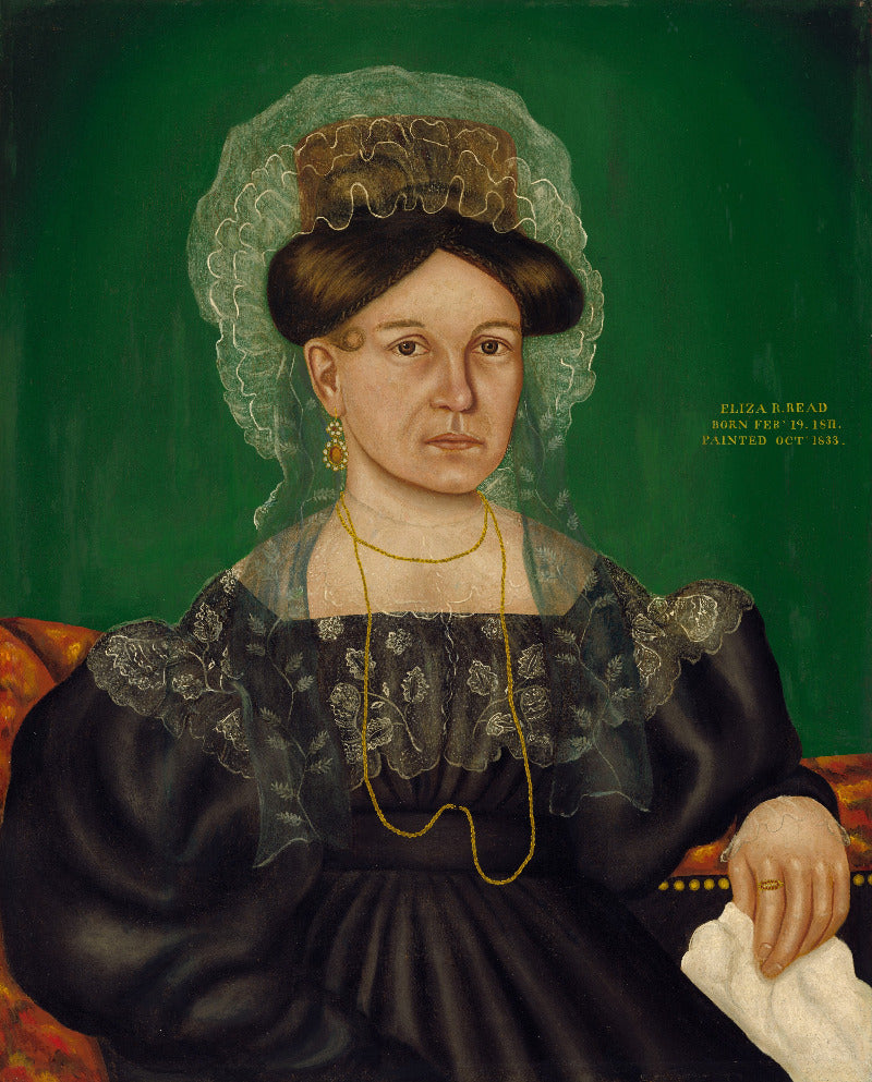 A painted portrait of a seated woman in a dark dress and lace veil against a green background, with small gold text on the right side reading 'ELIZA SABAR.