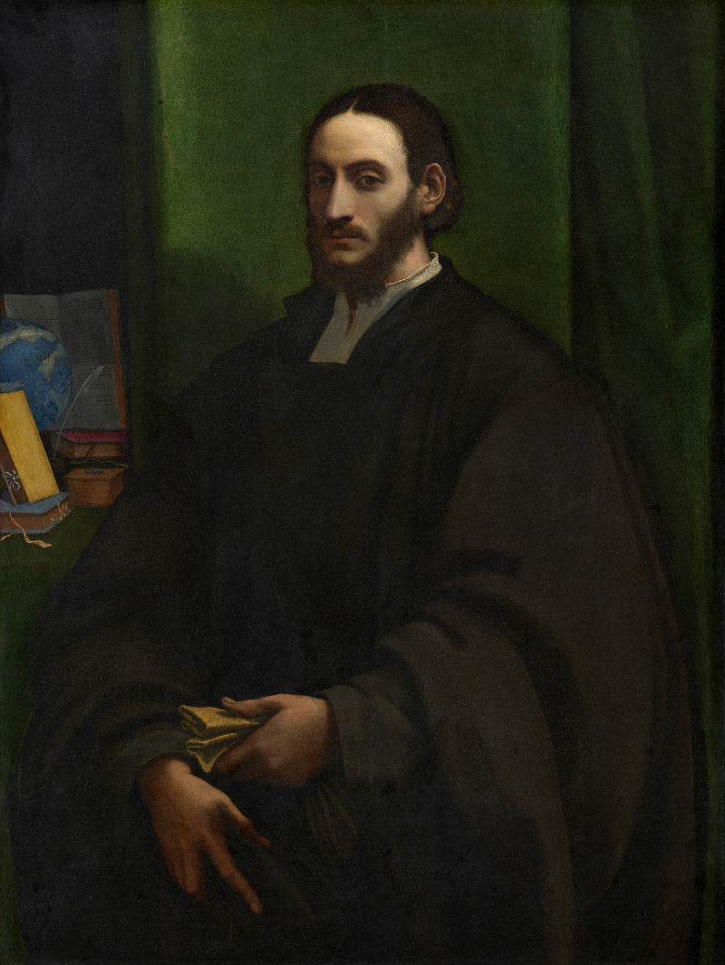 A dark Renaissance-style portrait painting of a bearded man in a black robe against a green draped background, with a small still life including a globe and books visible on the left.
