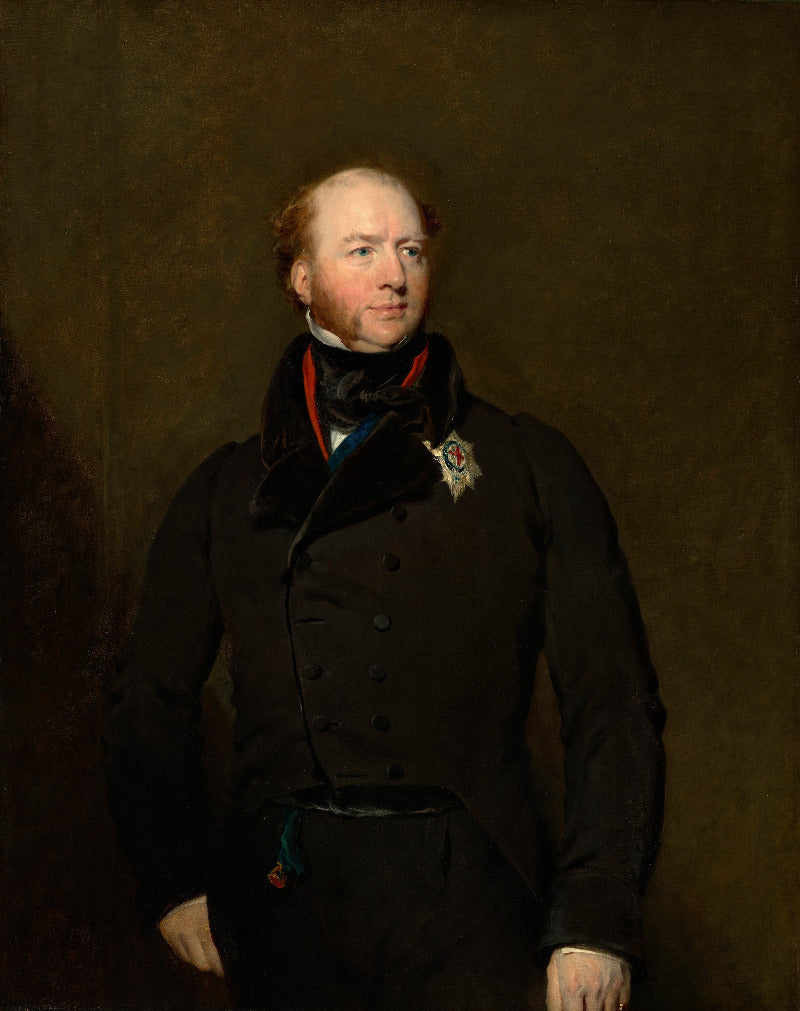 A classical portrait painting of a man in formal black clothing with a dark background, rendered in warm brown and olive tones.