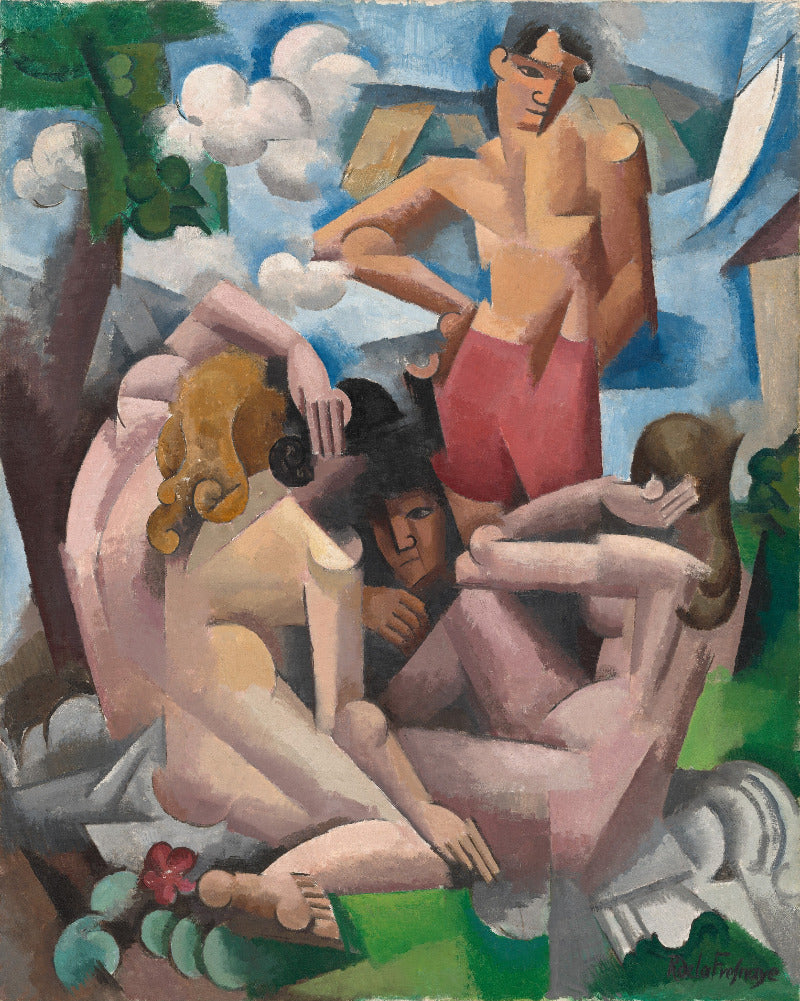 Artistic depiction of three nude figures in a landscape with trees and buildings.