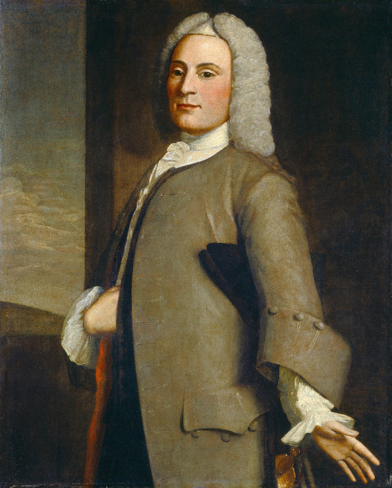 A classical oil painting portrait of a man in 18th-century attire, featuring a powdered white wig, a gray coat, white ruffled shirt, and dark waistcoat against a dark background.