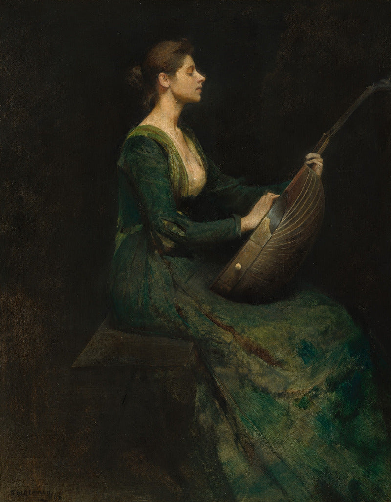 A dark, painterly portrait of a seated woman in a teal-green dress holding a stringed instrument, rendered in muted green, brown, and black tones against a very dark background.