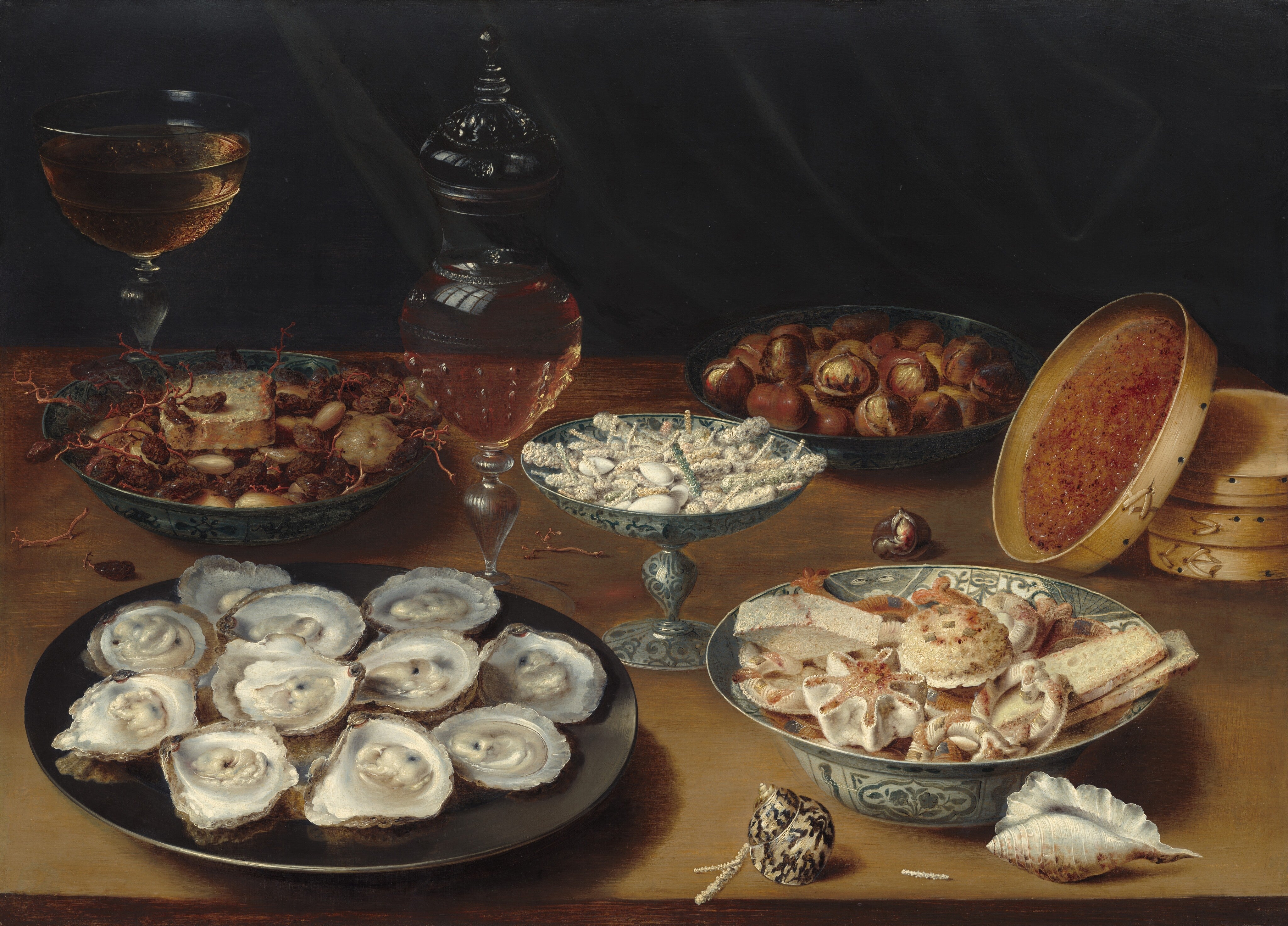 Dishes with Oysters, Fruit, and Wine