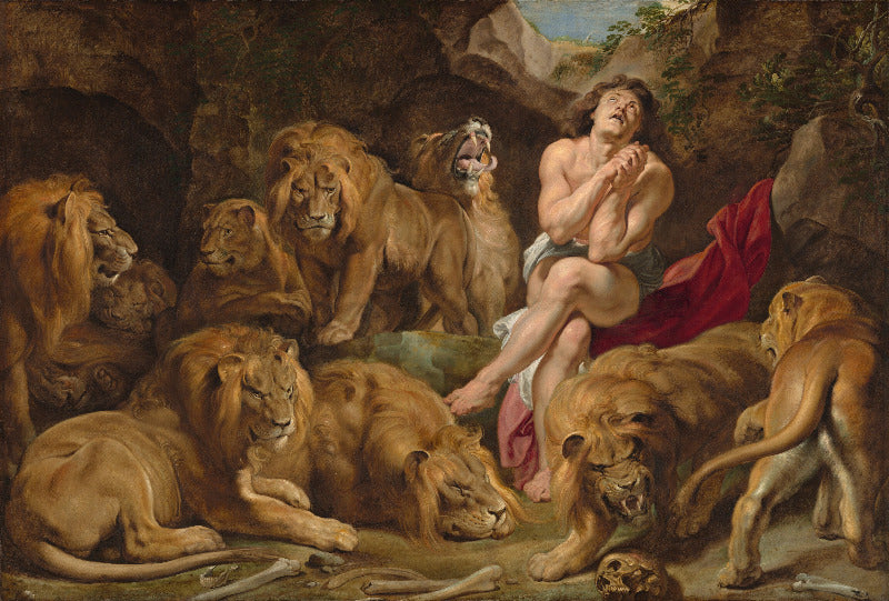 A classical painting depicting a nude woman seated among several lions in a rocky cave setting, with a red drape and earthy brown, tan, and green tones throughout the scene.