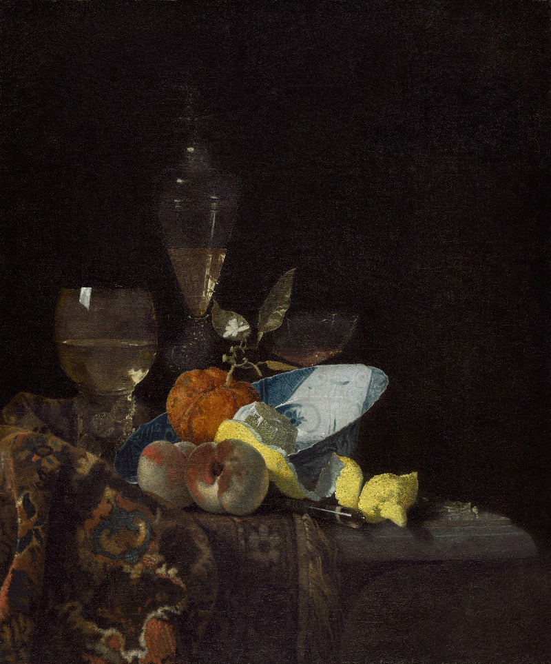 Still life painting with fruits, a bowl, and a bottle on a dark background