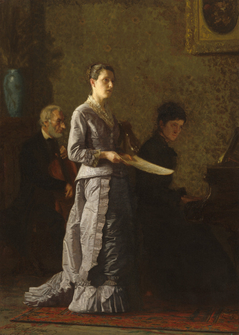 A classical oil painting depicting a Victorian-era woman in a gray dress standing in a dimly lit room, holding a piece of paper, with two men seated in the background near a piano and another figure.