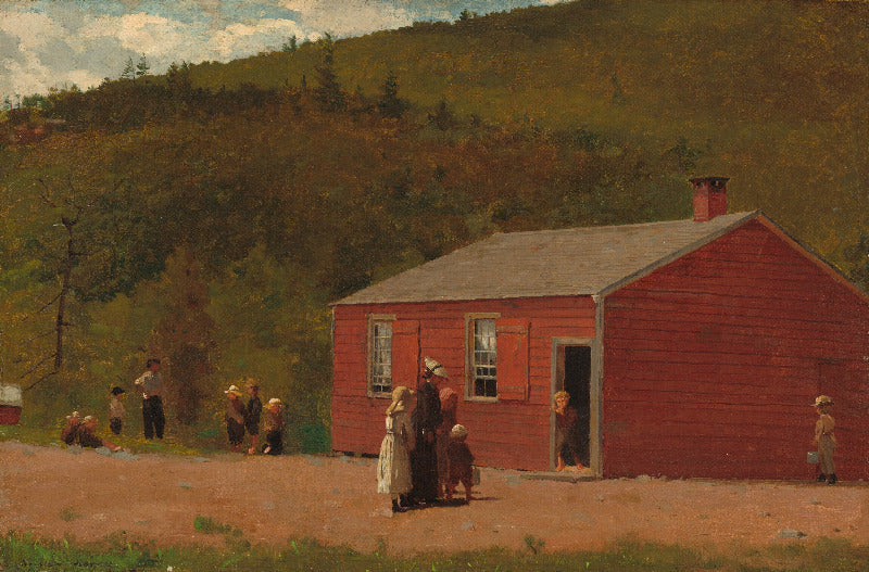 Red schoolhouse with children playing in a rural setting