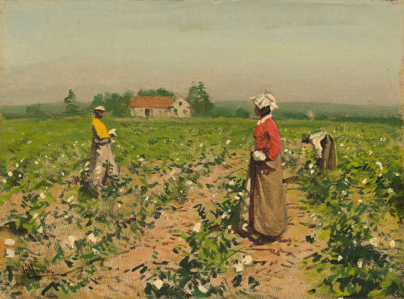An impressionist-style painting of a cotton field with several workers standing and bending among cotton plants, with a small house and trees in the distance under a pale sky.