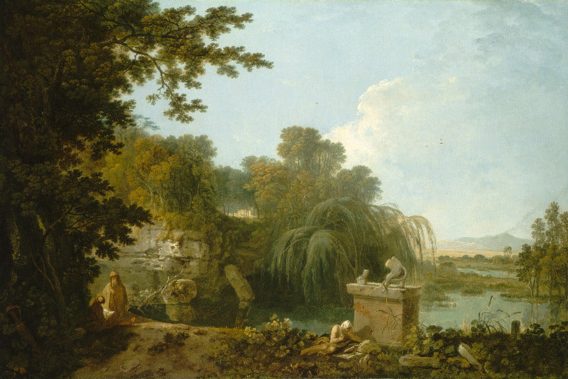 Landscape painting with a river, trees, and figures by a fountain.