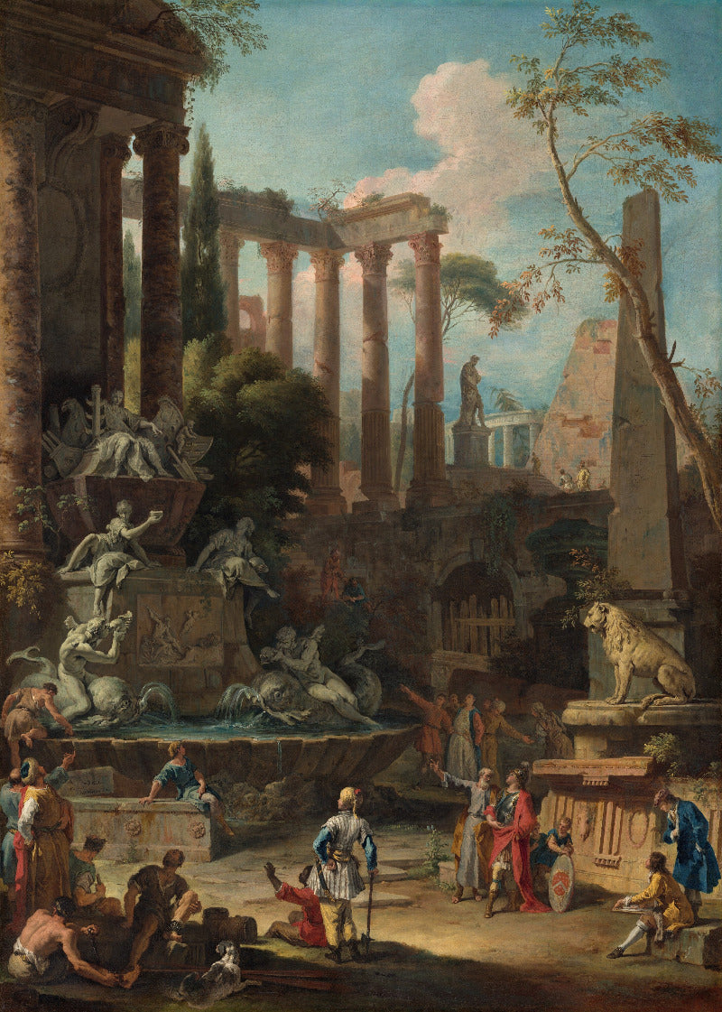 A classical oil painting depicting an ancient Roman ruins scene with columns, fountains, statues, trees, and small figures of people in the foreground under a blue sky with clouds.