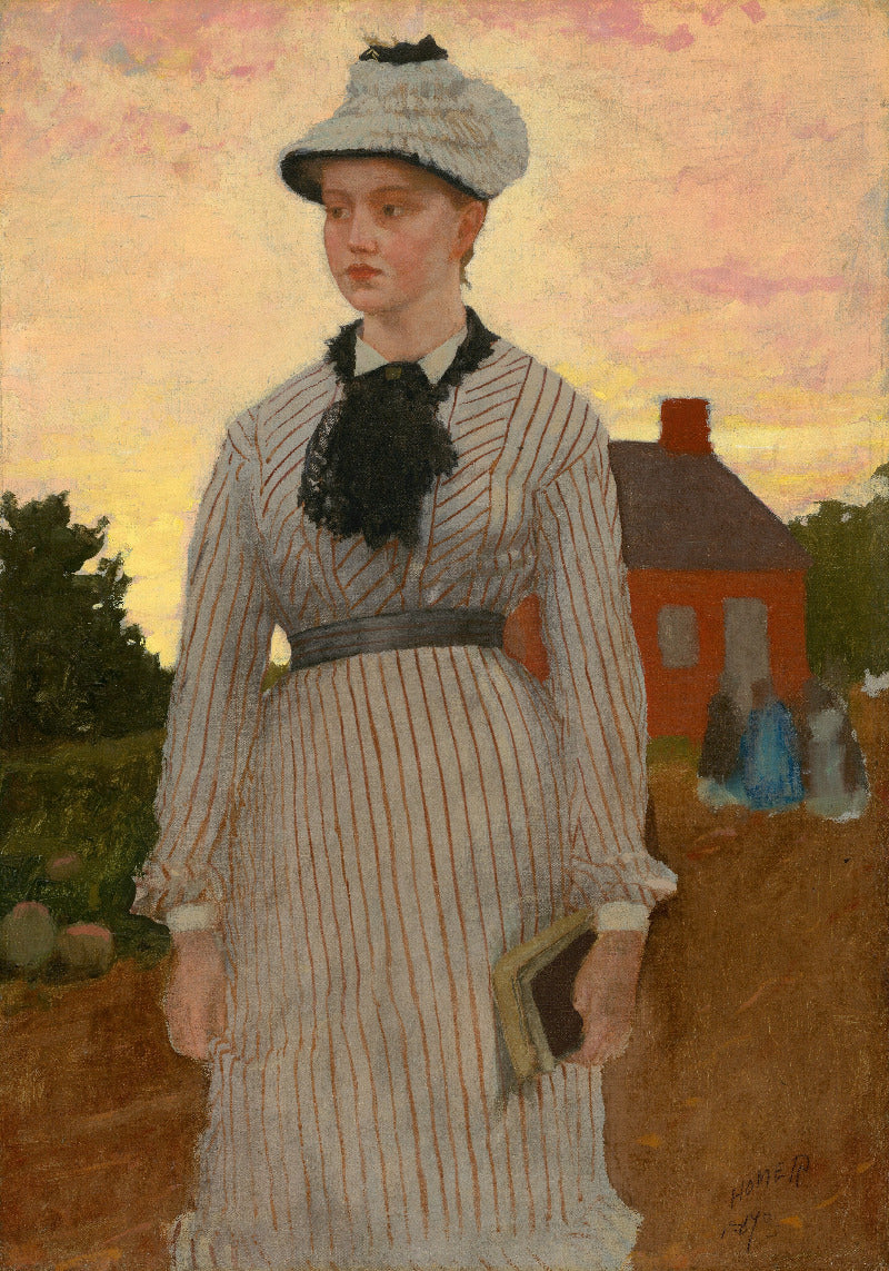 Painting of a woman in a striped dress and hat standing outdoors with a house in the background.