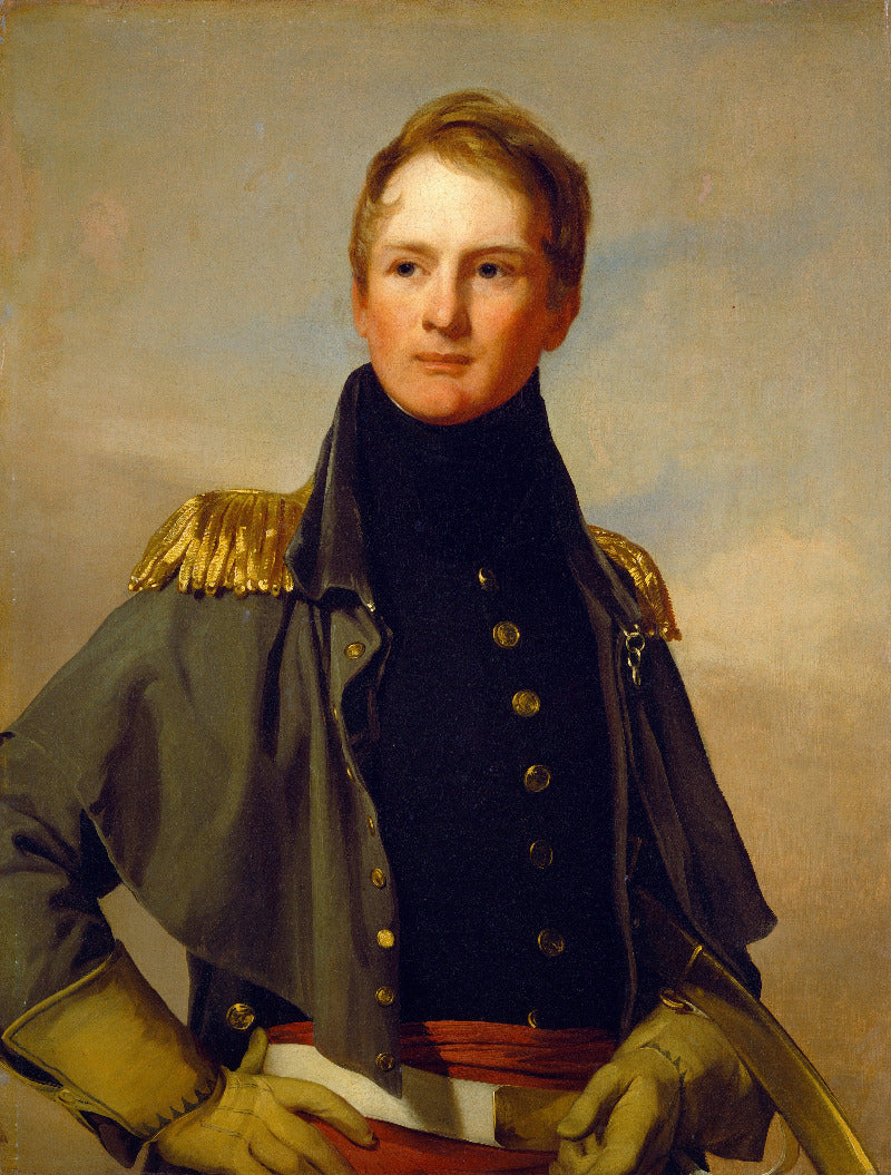 A classical oil painting portrait of a young man in a military uniform, featuring a dark navy blue high collar jacket with gold buttons, a gray coat with gold epaulettes, and a red sash, set against a soft beige and blue background.