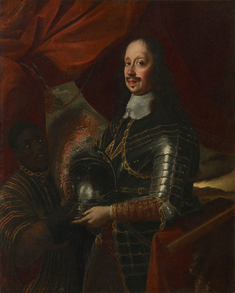 A classical oil painting portrait of a man in metallic armor holding a helmet, with a dark-faced attendant at his side, set against rich red drapery.