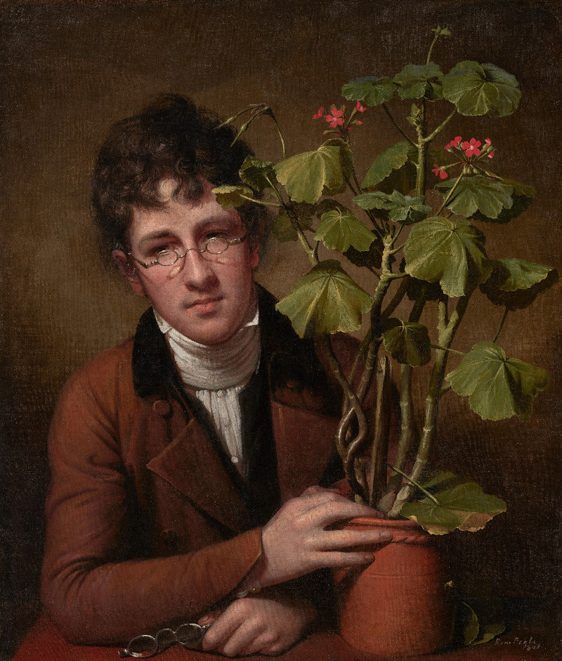 A classical oil painting portrait of a young man with curly hair and round glasses, wearing a brown coat over a white cravat, holding a potted geranium with green leaves and small pink flowers against a dark brown background.