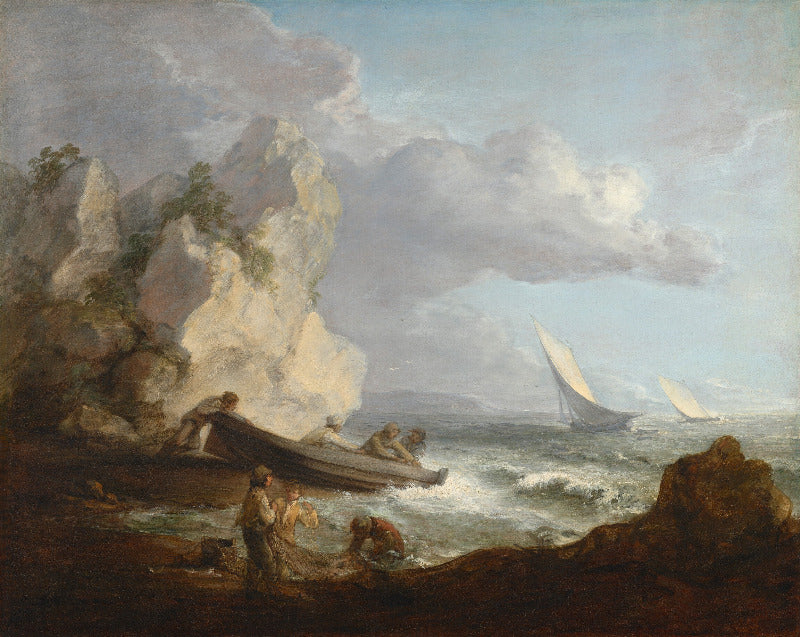 A classical landscape painting depicting a rocky coastal scene with figures in a small boat on the shore, a sea with two sailboats, and dramatic clouds in the sky.