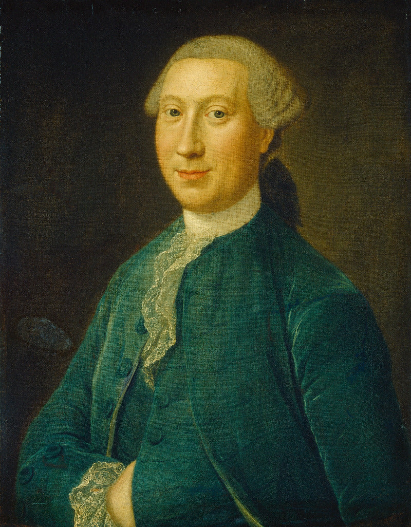 A classical portrait painting of a man in a teal-green coat and white lace cravat, with a powdered wig, set against a dark brown background.