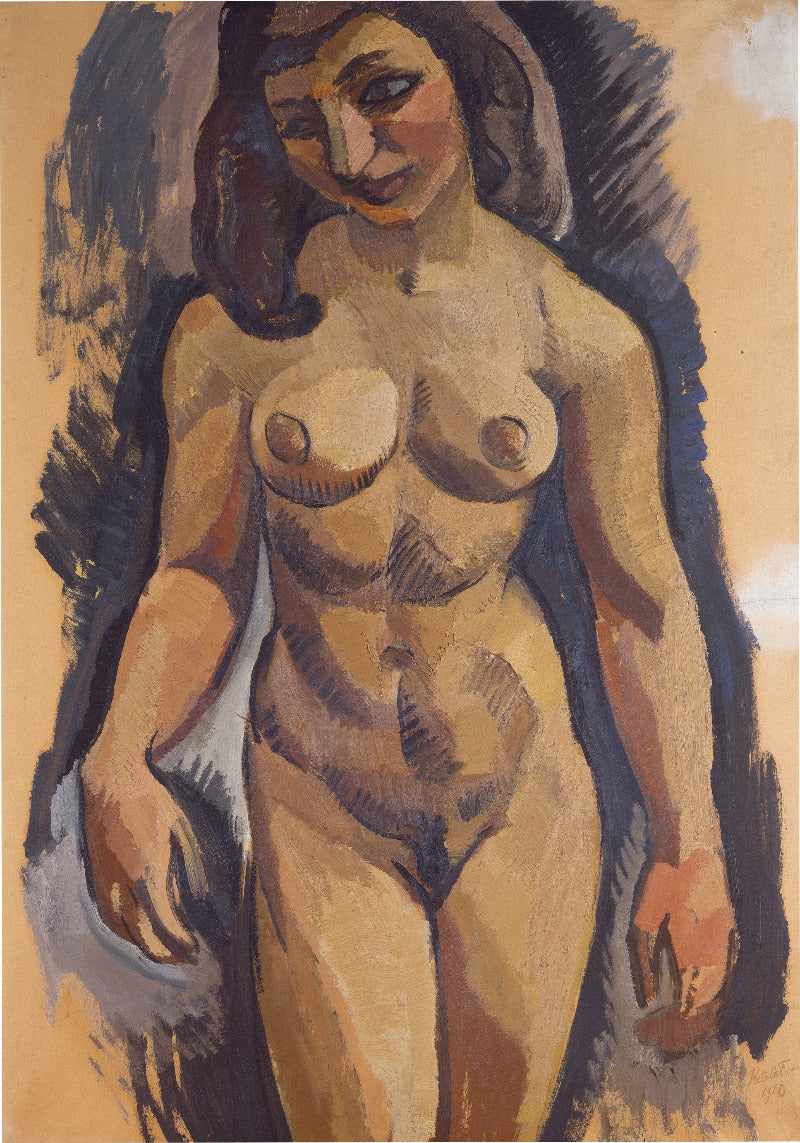 An expressionist painting of a nude female figure with dark hair, rendered in warm beige, brown, and black tones against a tan background.