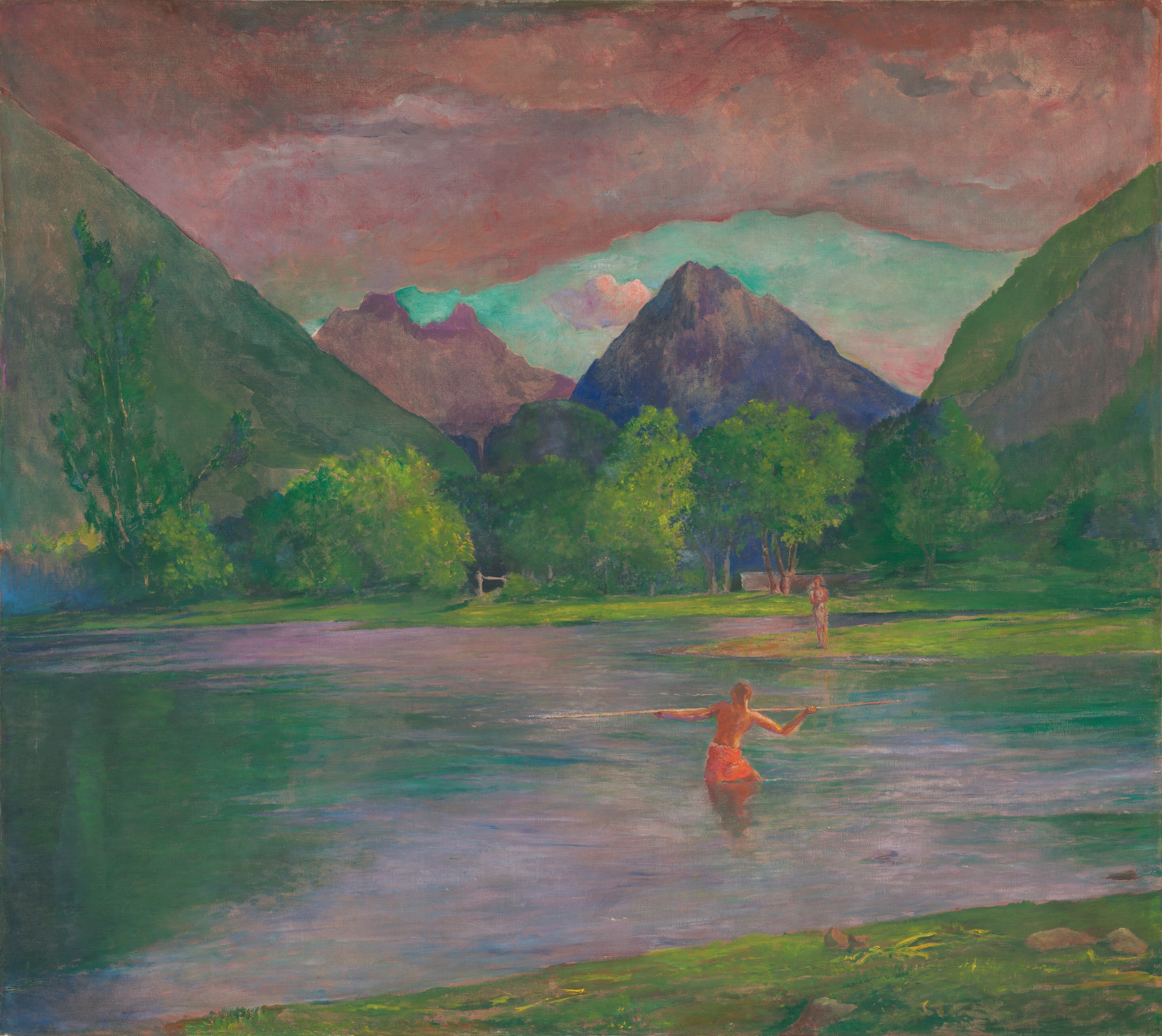 The Entrance to the Tautira River, Tahiti. Fisherman Spearing a Fish