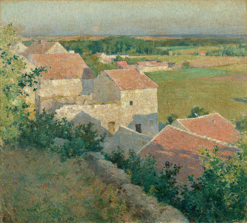 An impressionist landscape painting depicting a village with stone buildings and terracotta roofs nestled among green trees, overlooking open fields under a pale sky.