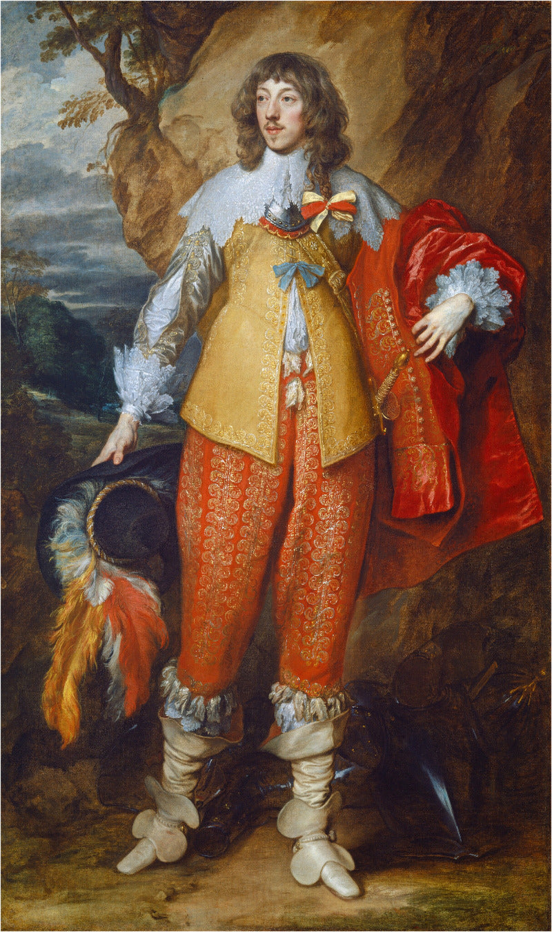 A full-length classical portrait painting of a young man in ornate historical clothing, standing outdoors against a rocky landscape. He wears a white shirt, a gold vest, orange patterned breeches, white boots, and holds a red cloak and a feathered hat.