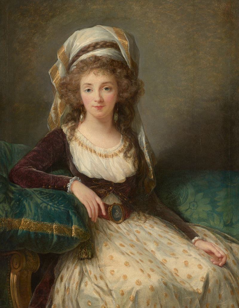 A classical oil painting portrait of a woman in an ornate historical dress, seated on a teal velvet armchair against a dark brown background.