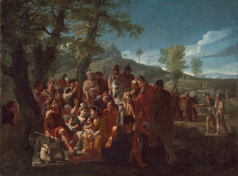 A classical painting depicting a large outdoor gathering of people under trees in a landscape, with figures in red, brown, and beige garments under a blue sky.