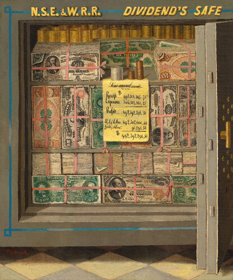 A stylized artwork showing a safe filled with stacks of U.S.