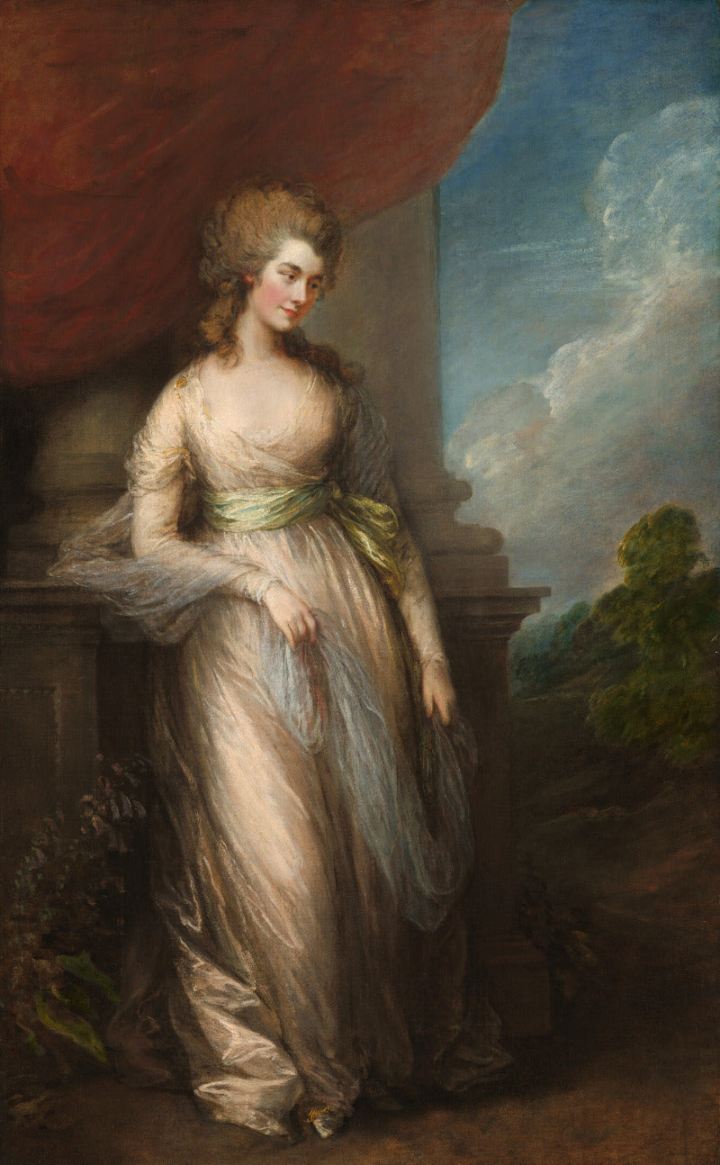 Portrait of a woman in a formal dress with a scenic background