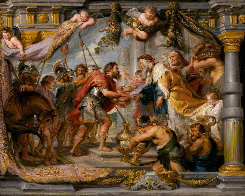 Baroque-style classical painting depicting a dramatic mythological or historical scene with multiple human figures, draped fabrics, a horse, and ornate architectural columns and gold detailing.