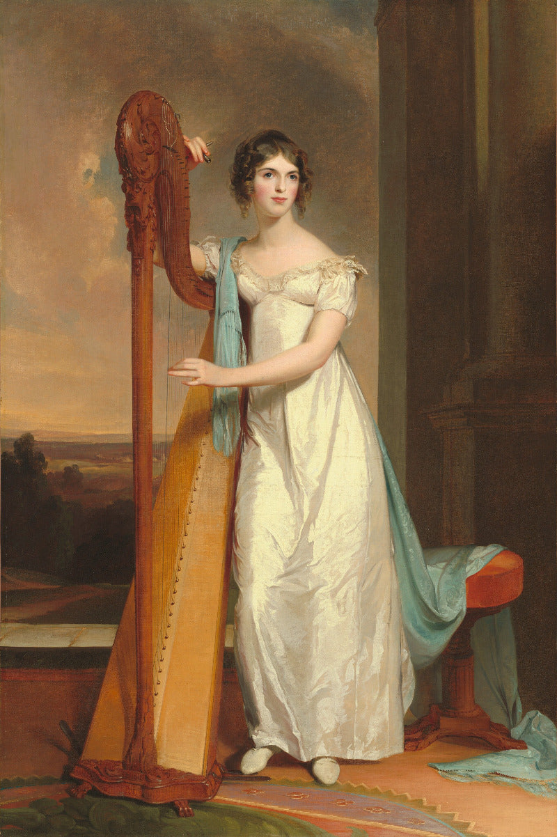 A classical portrait painting of a woman in an off-the-shoulder cream gown standing beside a large harp, with a blue draped cloth and a bench in a dimly lit interior setting.