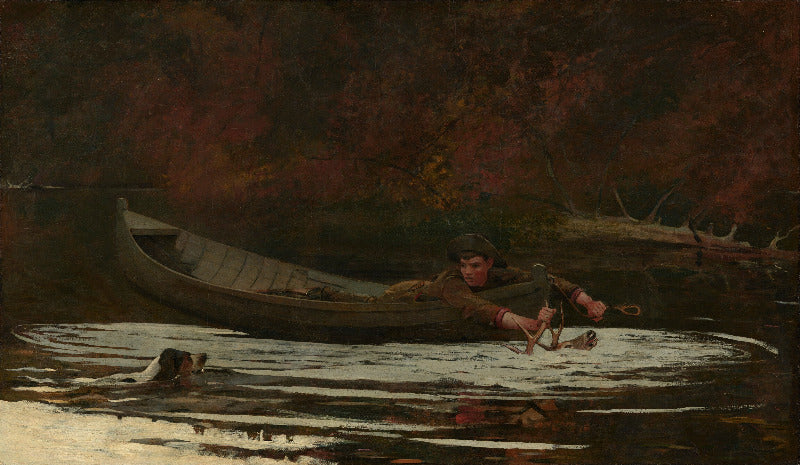 A dark, moody painting of a person in a small boat on a river, with another figure in the water nearby, surrounded by dense autumn trees in brown, red, and dark green tones.