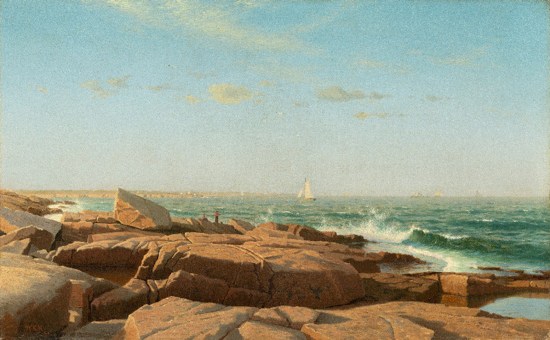 Painting of a rocky coastline with a sailboat in the distance.