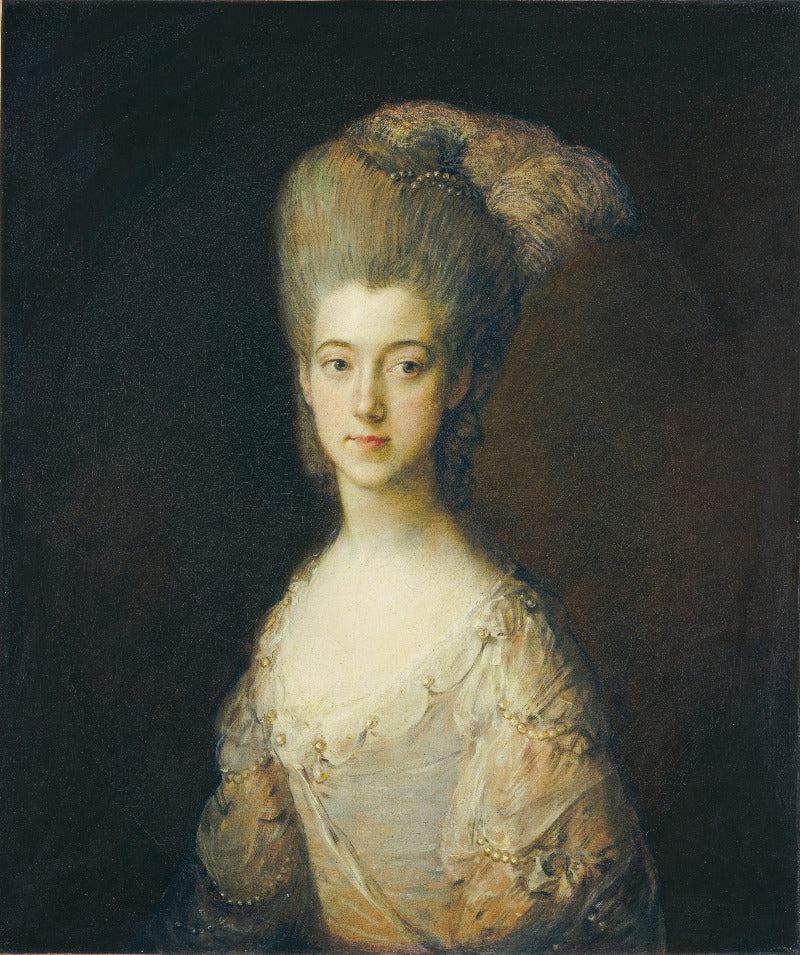 A classical oil painting portrait of a woman with an elaborate high hairstyle, wearing a pale lace dress against a dark brown and black background.