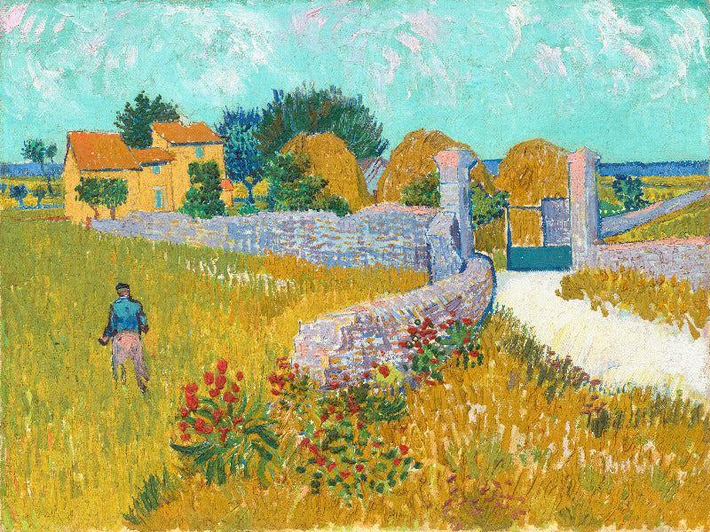 Painting of a pastoral scene with cows, a house, and a field of flowers.