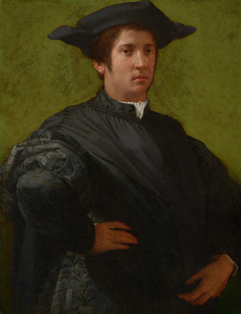 A classical portrait painting of a young man wearing a black hat and dark clothing against an olive-green background.