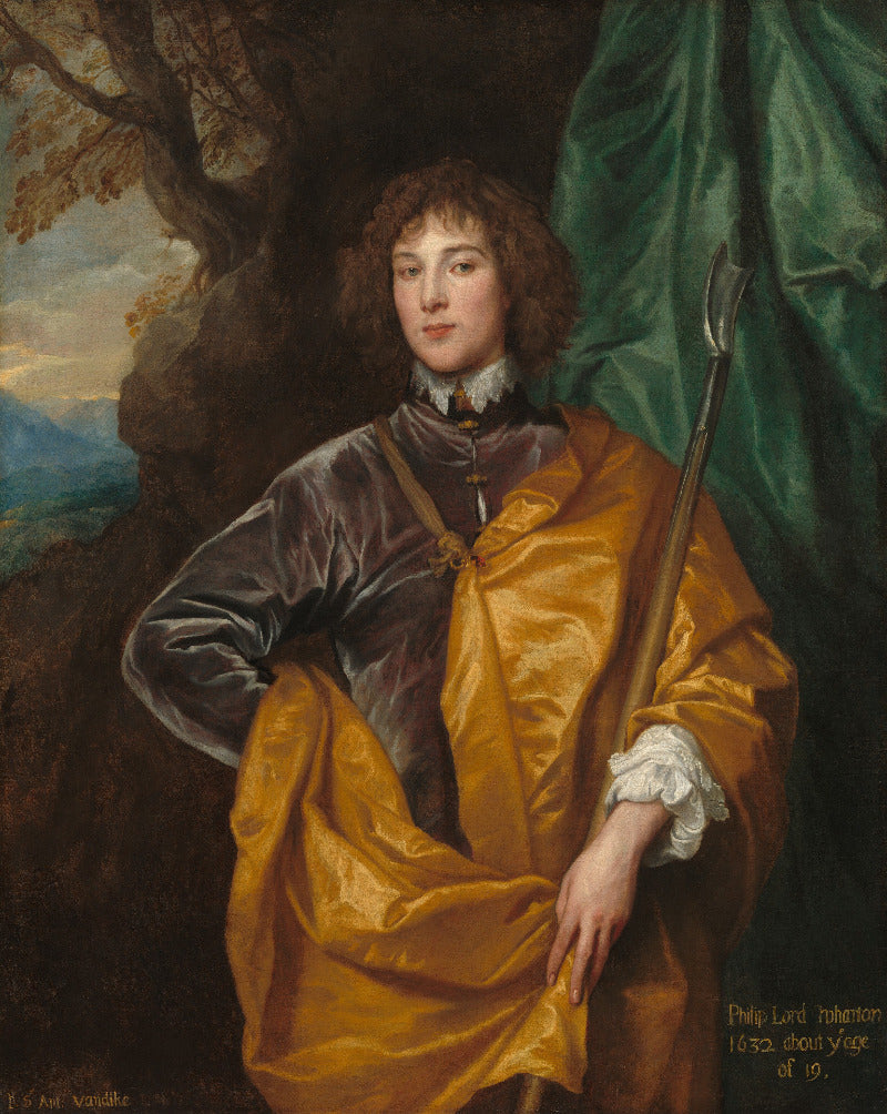 A classical oil painting portrait of a young man with curly brown hair, wearing a dark velvet jacket and a bright yellow cloak, holding a spear, set against a dark tree and green drape background.
