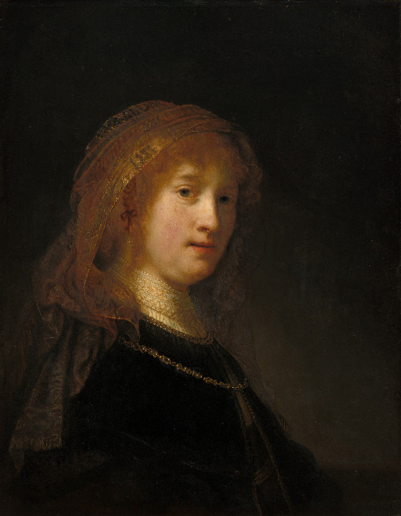 A classical portrait painting of a young woman with fair skin and red hair, wearing a dark dress and lace veil, set against a dark background.