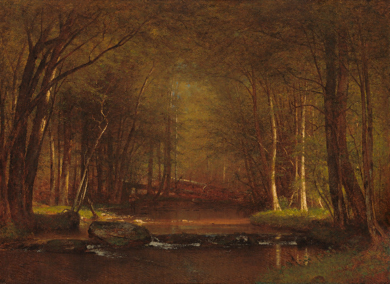 A classical landscape painting depicting a dense forest with a small stream in the foreground, rendered in warm earthy tones of brown, gold, and dark green.