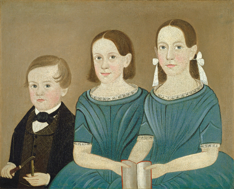 A historical family portrait painting depicting three children from the mid-19th century. On the left, a young boy in a black suit and bow tie sits beside two girls in matching teal blue dresses with white lace trim.