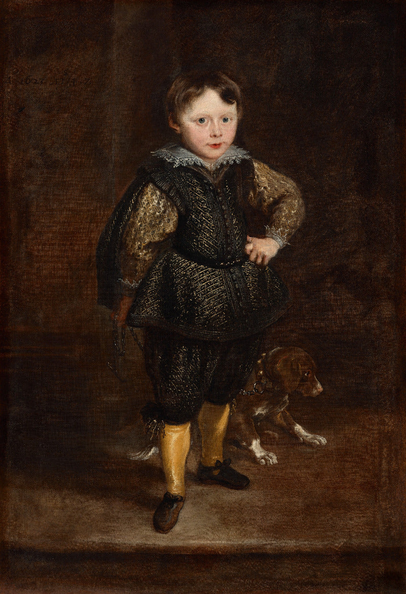 A classical portrait painting of a young boy in ornate dark clothing with a dog at his side, rendered in dark earthy tones against a brown background.