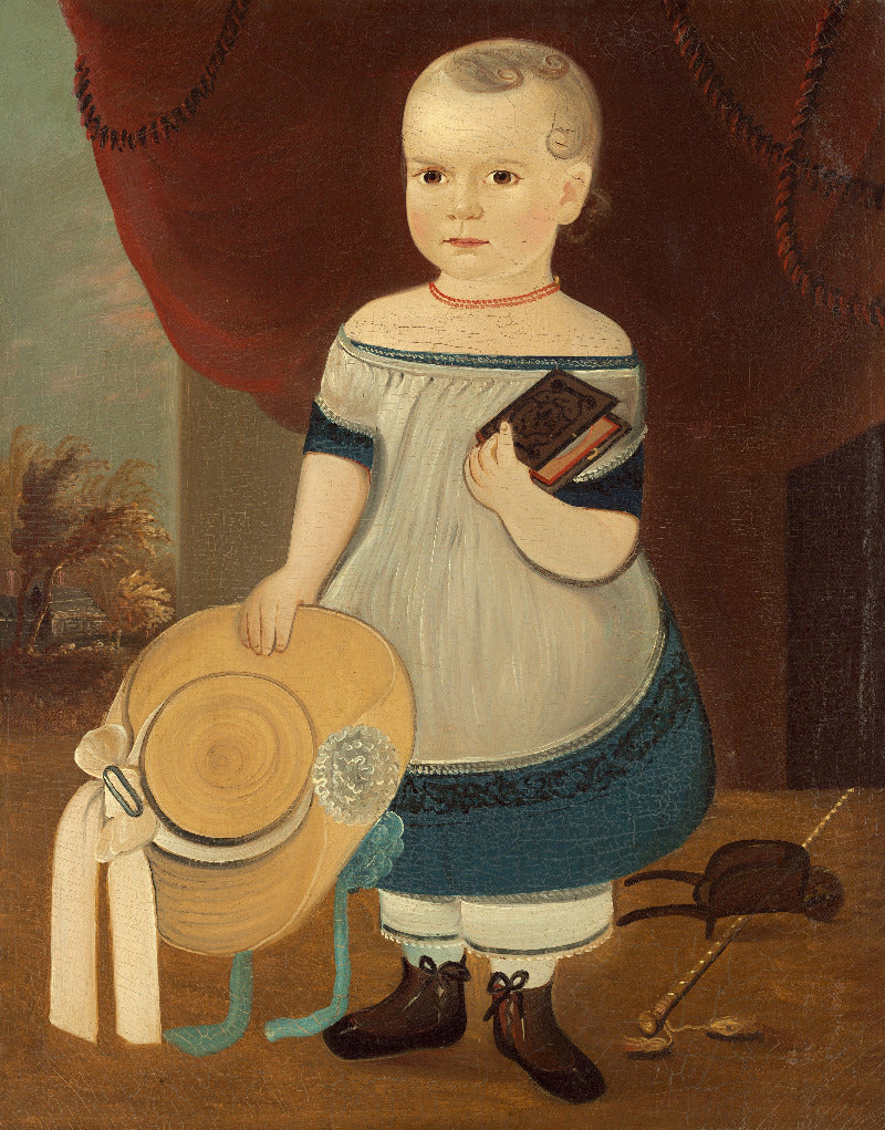 A historical portrait painting of a young child standing in front of a dark red curtain, wearing an off-the-shoulder white dress with blue trim, holding a straw bonnet and a small book.