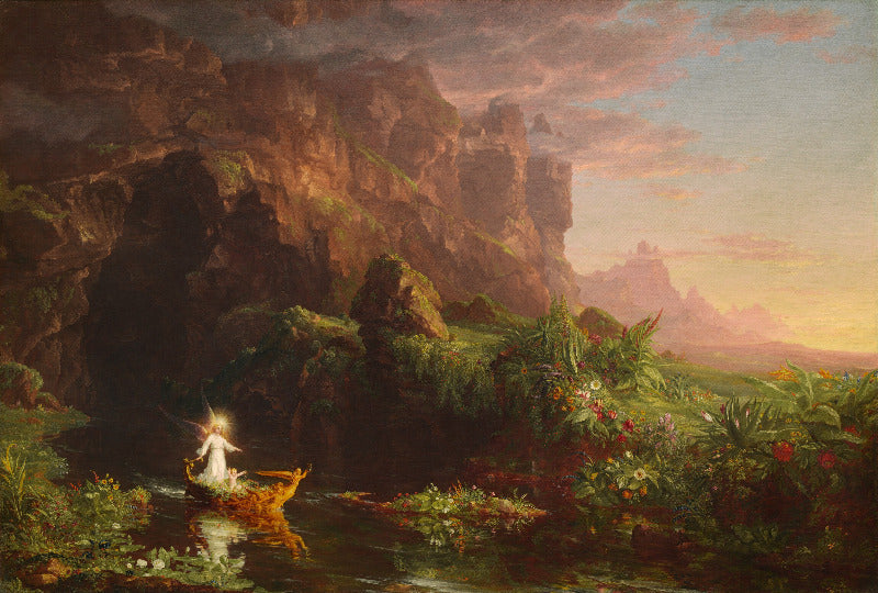 Landscape painting with a figure in a boat near a waterfall and rocky cliffs.