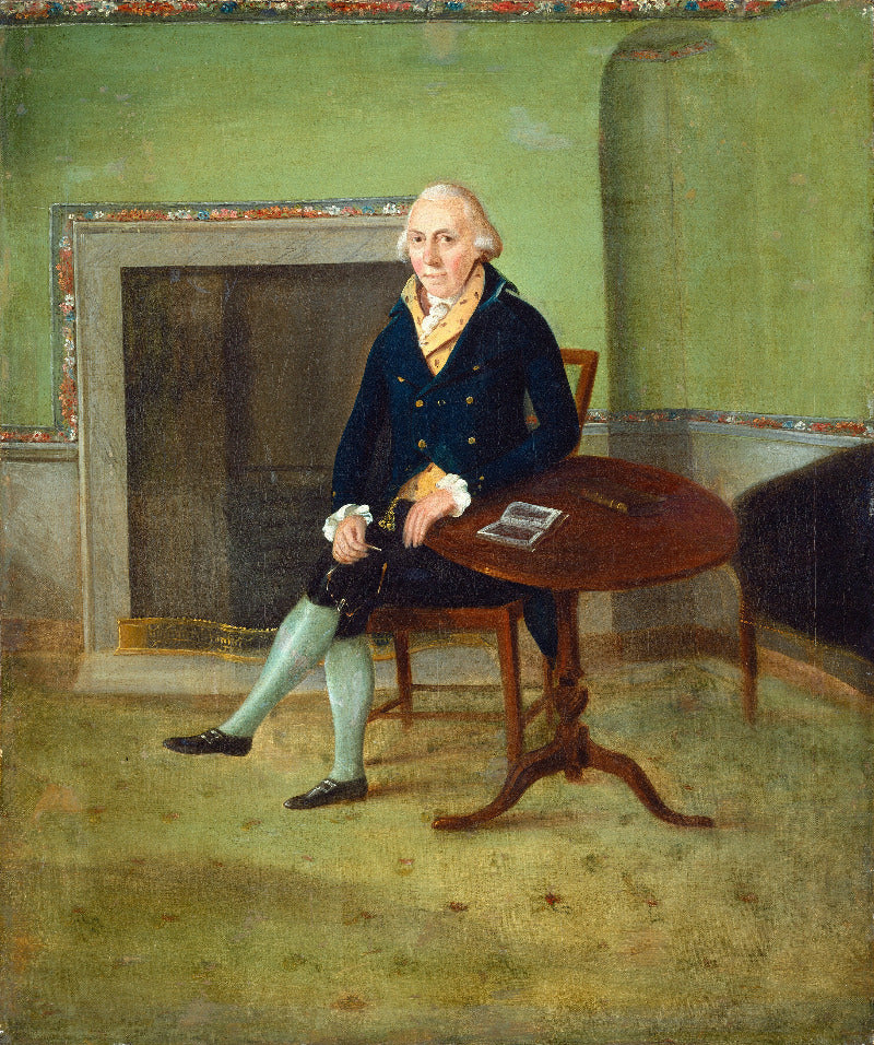A historical oil painting portrait of a man in an 18th-century dark blue coat and light green stockings, seated at a wooden table in a room with a green wall and fireplace.