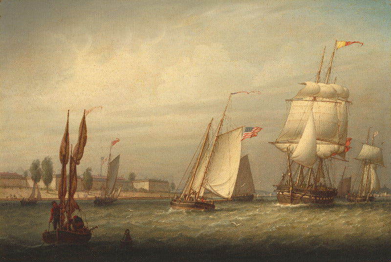 An oil painting of a historical maritime scene featuring several sailing ships with white sails navigating choppy, dark blue-gray waters under a cloudy, warm beige sky. In the background, a low shoreline with buildings and trees is visible.