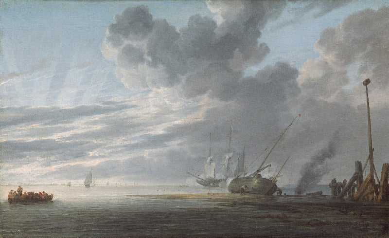 Nautical scene with ships on a body of water under a dramatic sky.
