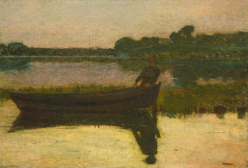 Painting of a man with a boat by a body of water with trees in the background