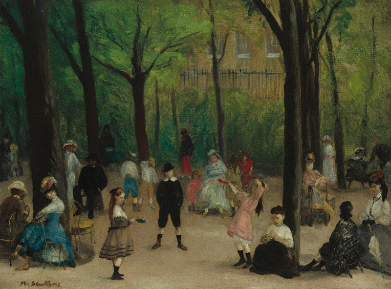 An impressionist painting depicting a park scene with numerous people, including children, gathered among tall green trees. The artwork shows varied clothing colors and a soft, painterly style with a muted green and brown palette.